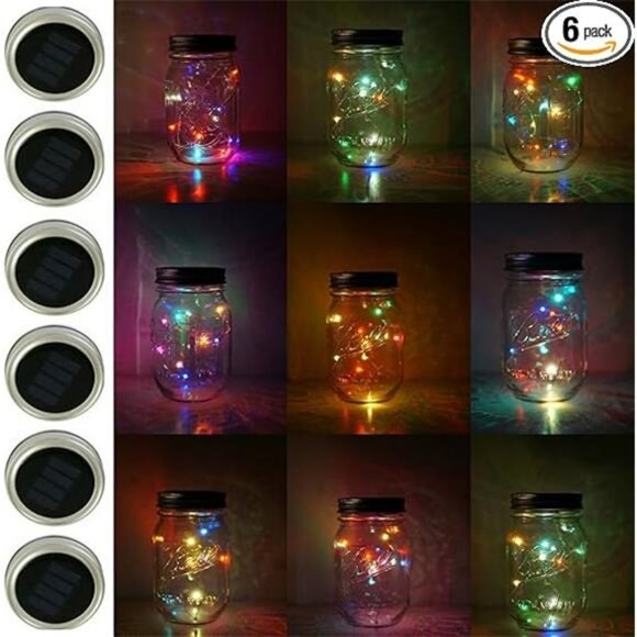 6 Pack Mason Jar Lights, 10 LED Solar Colorful Flicker Fairy String Lights Lids - Picture 7 of 7